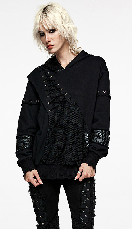 Sweat à capuche résille destroy laçage