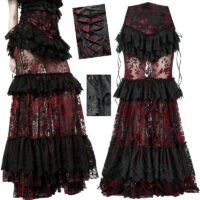 Jupe sirène soirée gothique, dentelle à motifs velours, noir et rouge.