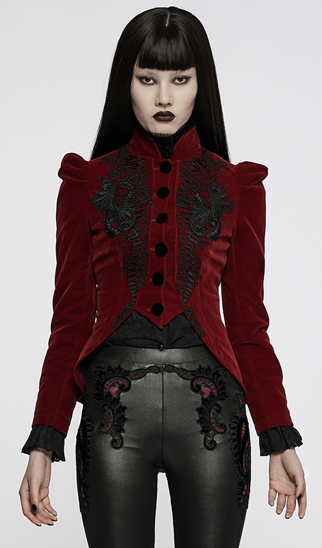 Blazer péplum en velours brodé Rouge