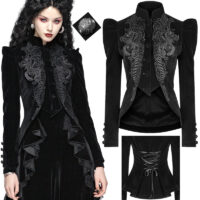 Veste velours broderie gothique péplum PunkRave Noire.