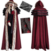 Cape manteau gothique rouge à capuche et volants brodés PunkRave.