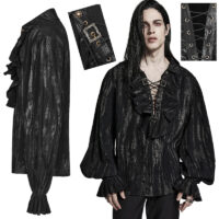 Chemise steampunk pirate à jabot pour homme, version noire.