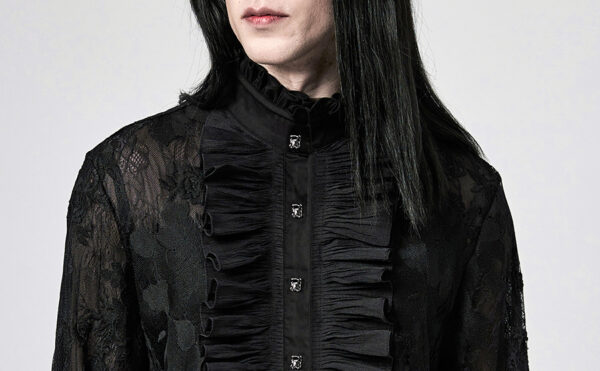 Chemise en dentelle brodée à grand jabot Noire