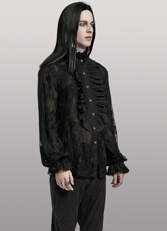 Chemise en dentelle brodée à grand jabot Noire