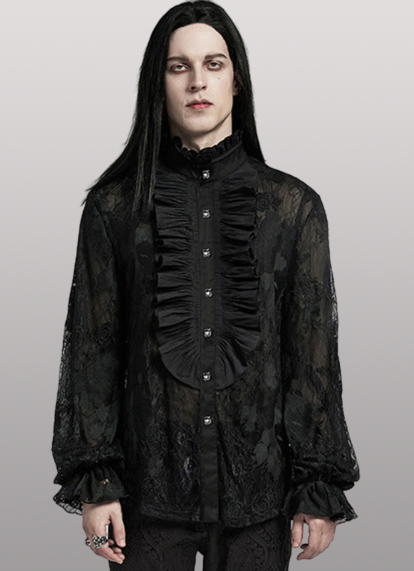 Chemise en dentelle brodée à grand jabot Noire