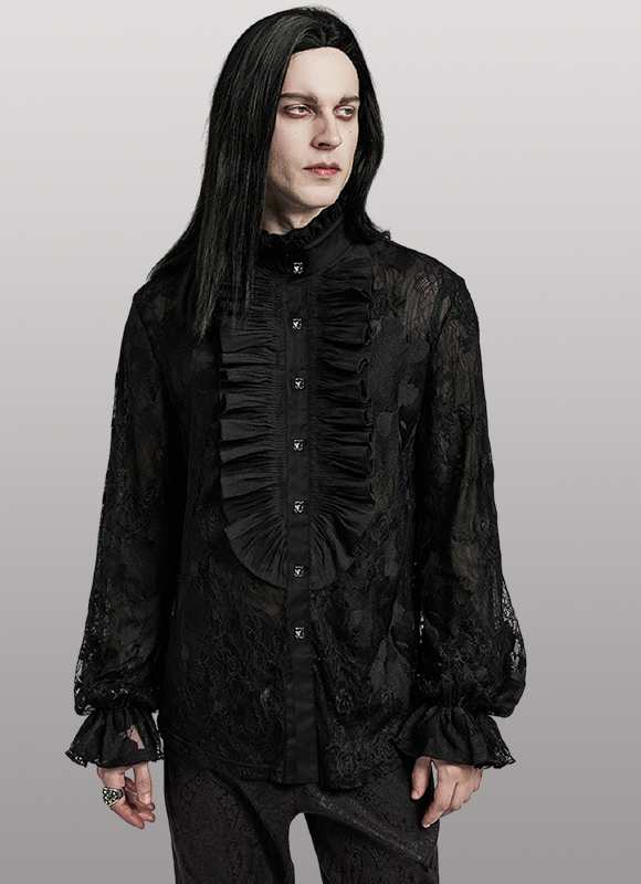 Chemise en dentelle brodée à grand jabot Noire