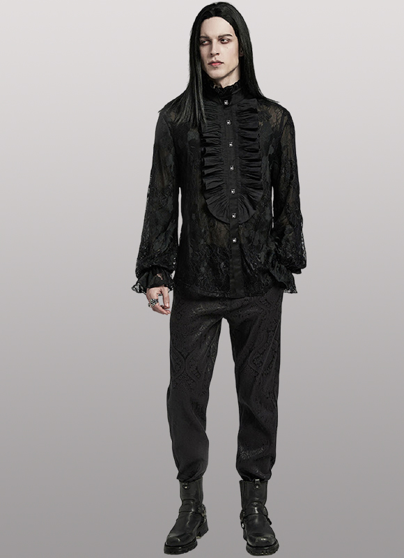 Chemise en dentelle brodée à grand jabot Noire