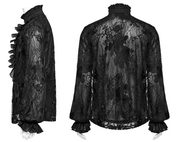 Chemise en dentelle brodée à grand jabot Noire