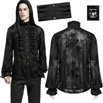 Chemise en dentelle brodée à grand jabot Noire