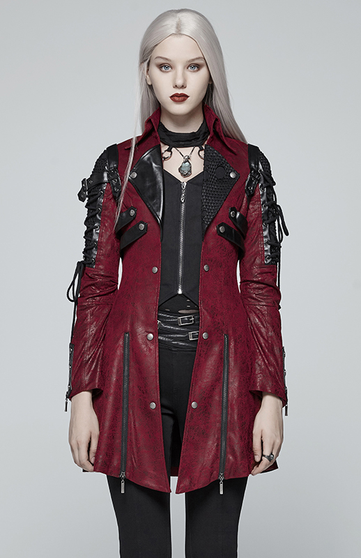 Manteau en faux cuir rouge manches lacées