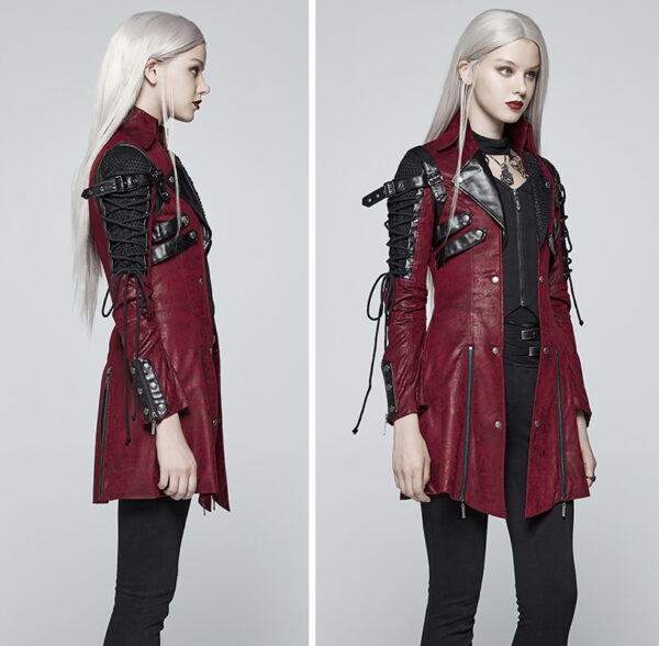 Manteau en faux cuir rouge manches lacées