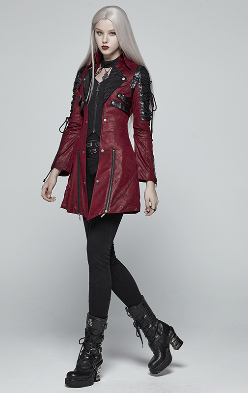 Manteau en faux cuir rouge manches lacées