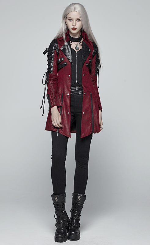 Manteau en faux cuir rouge manches lacées