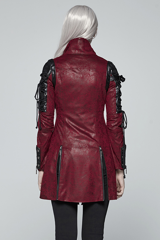 Manteau en faux cuir rouge manches lacées