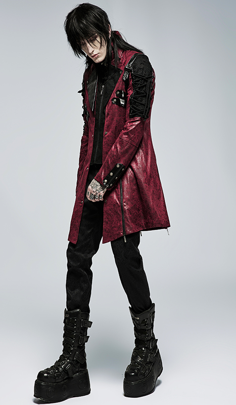 Manteau en faux cuir rouge avec laçages