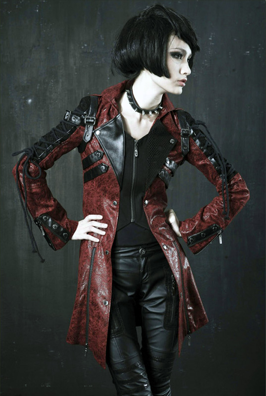 Manteau en faux cuir rouge manches lacées