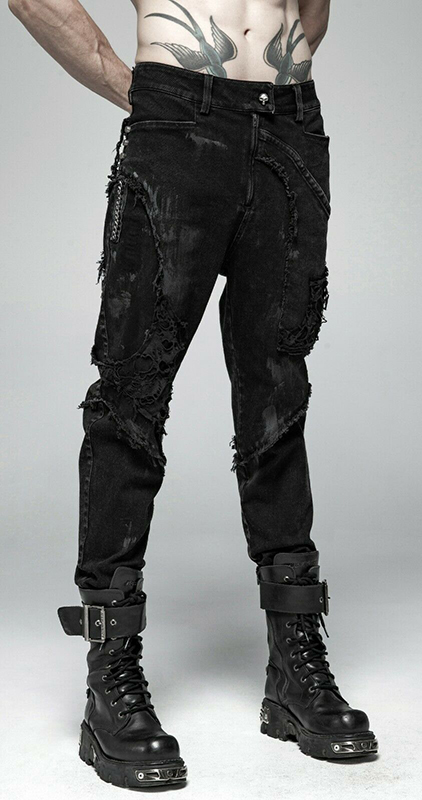 Jeans destroy à clous et grosse chaîne