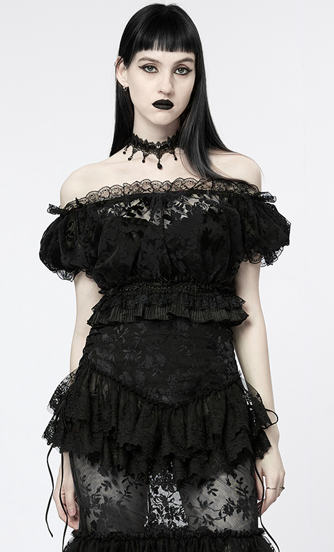 Crop top en dentelle à motif velours Noir