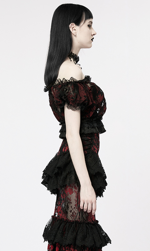 Crop top en dentelle à motif velours Rouge