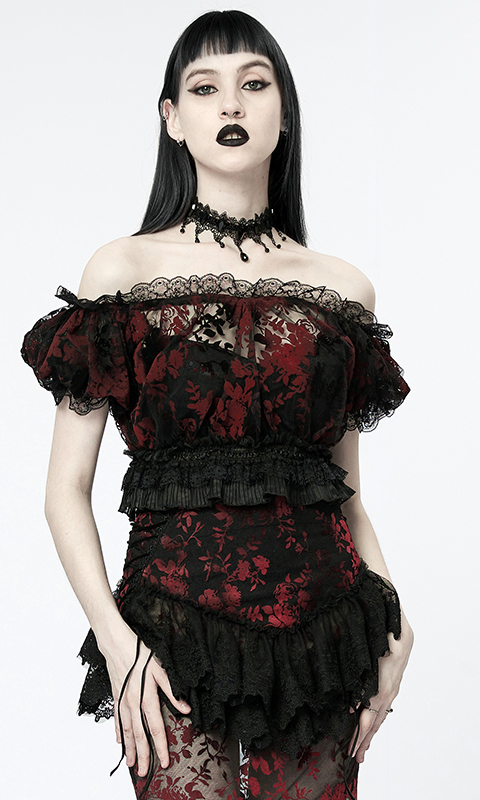 Crop top en dentelle à motif velours Rouge