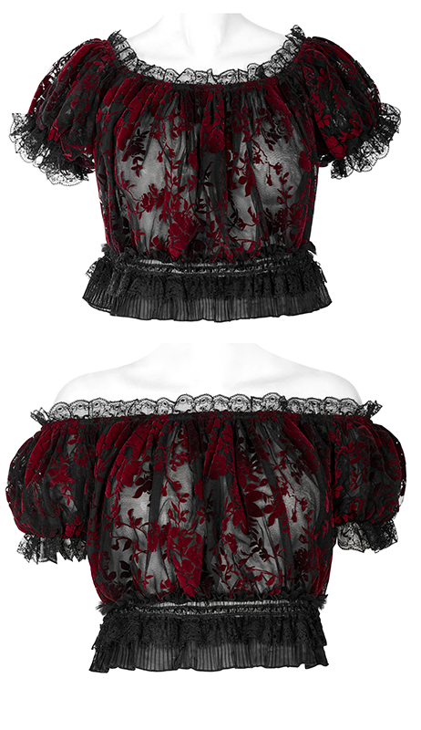 Crop top en dentelle à motif velours Rouge