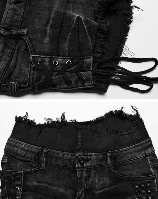 Short en jeans déchiré à laçage et clous