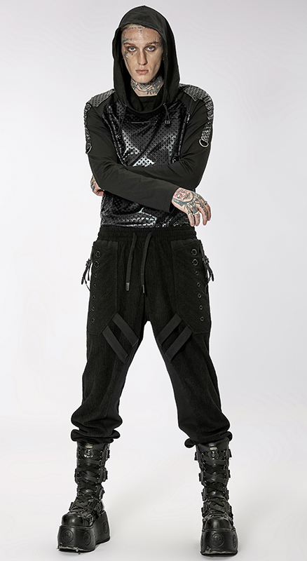 Pantalon velours à bandes et oeillets Noir