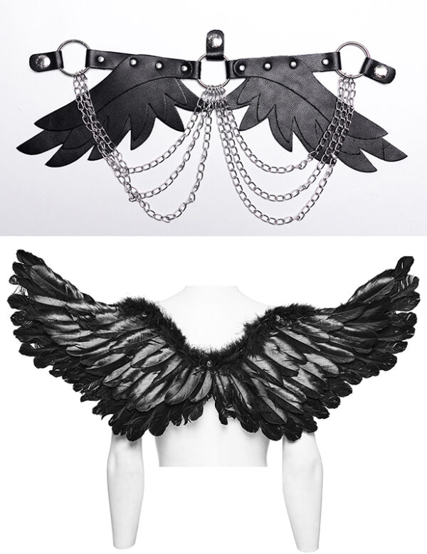 Ailes noires en plume et faux cuir à chaînes