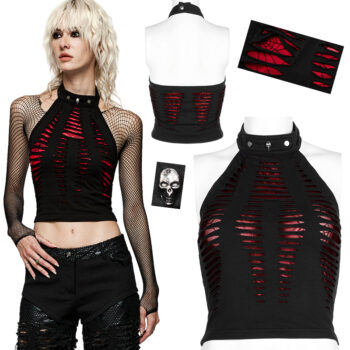 Crop top dos nu destroy à dentelle spider Rouge