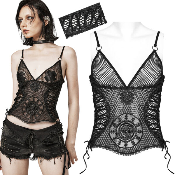 Débardeur en résille brodée à laçages Débardeur en résille brodée à laçages