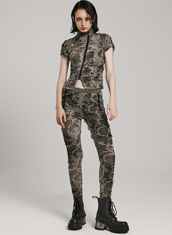 T-shirt destroy zippé Kaki T-shirt destroy zippé Kaki