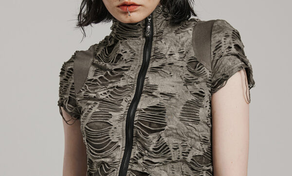 T-shirt destroy zippé Kaki T-shirt destroy zippé Kaki