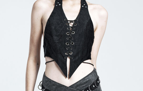 Top dos nu lacé à effet déchiré Noir