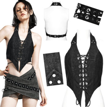 Top dos nu lacé à effet déchiré Noir