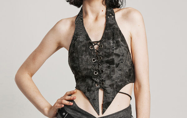 Top dos nu lacé à effet déchiré Gris