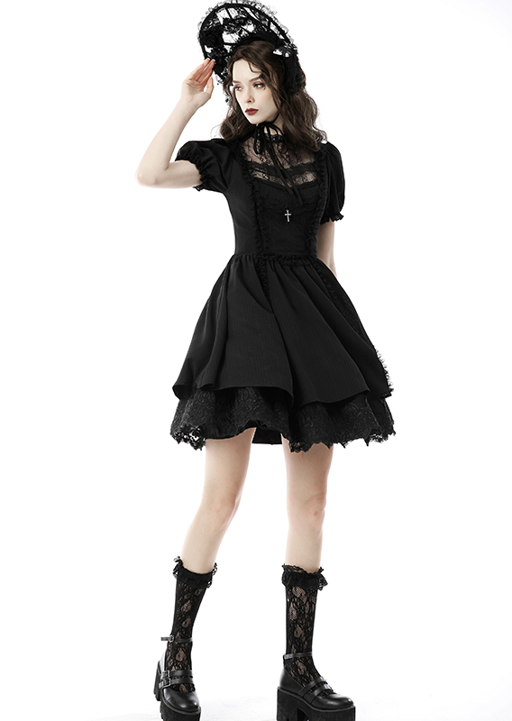 Robe évasée jacquard à dentelle et croix