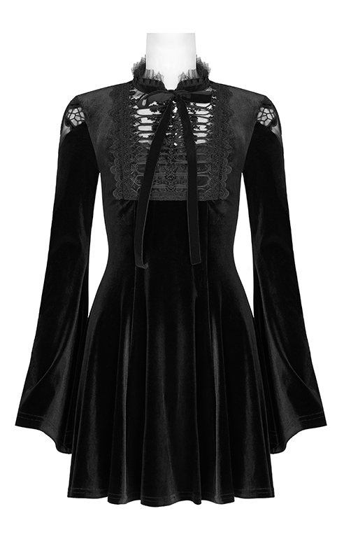 Robe en velours à plastron brodé et ruban