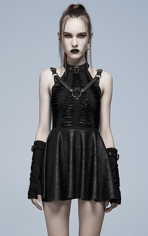 Robe faux cuir et dentelle à effet déchiré Noire