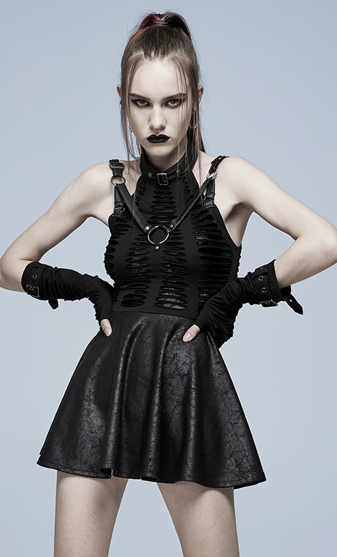 Robe faux cuir et dentelle à effet déchiré Noire