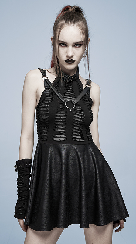 Robe faux cuir et dentelle à effet déchiré Noire