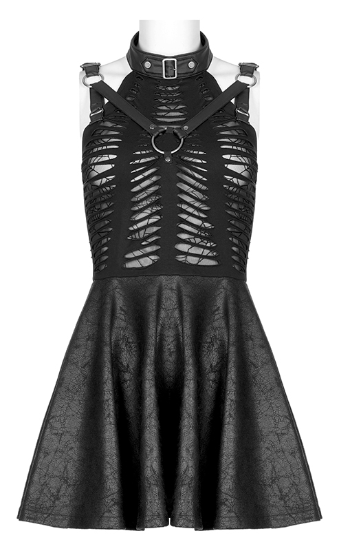 Robe faux cuir et dentelle à effet déchiré Noire