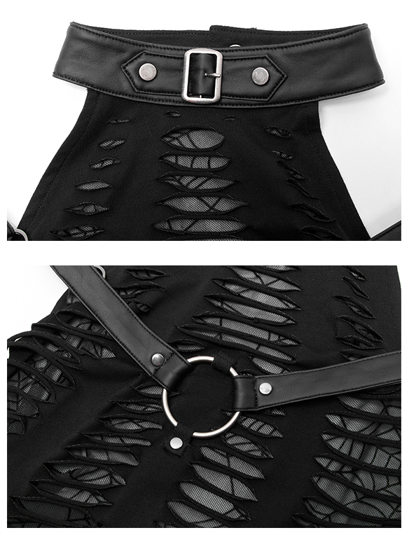 Robe faux cuir et dentelle à effet déchiré Noire