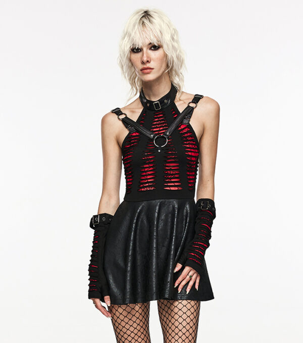 Robe faux cuir et dentelle à effet déchiré Noire et Rouge