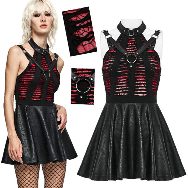 Robe faux cuir et dentelle à effet déchiré Noire et Rouge