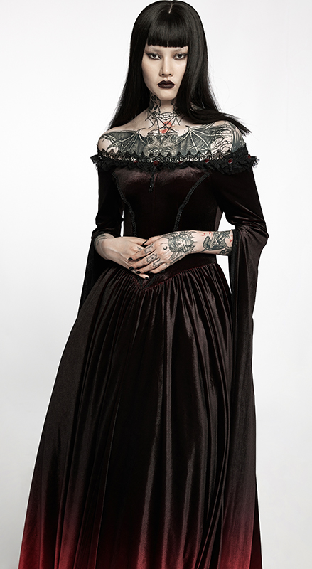 Robe de mariée elfique en velours noir et rouge