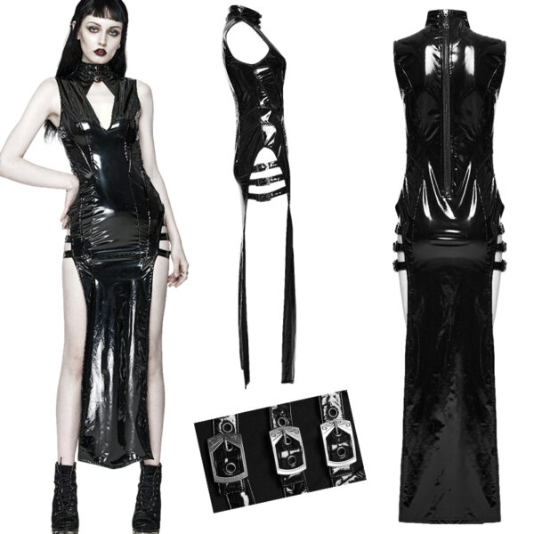 Robe en faux cuir vernis à longues fentes sexy