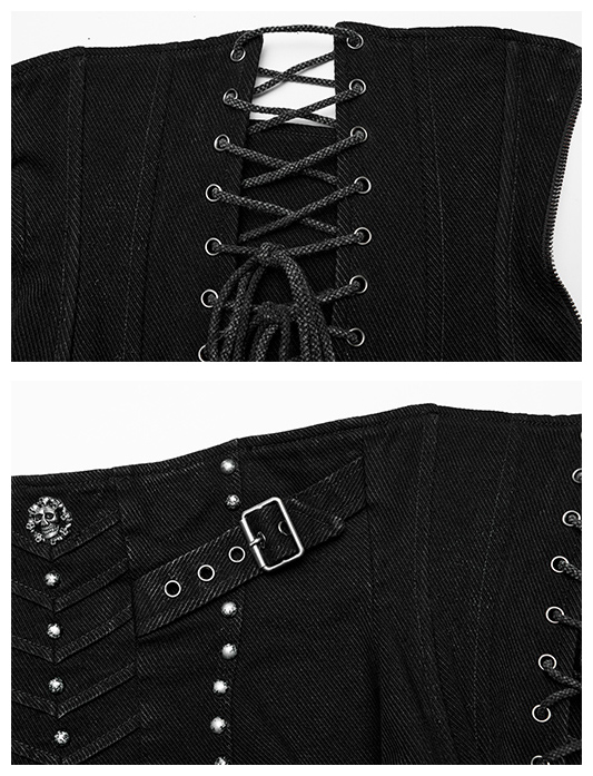 Corset sous-poitrine en jeans à clous et tête de mort Corset sous-poitrine en jeans à clous et tête de mort