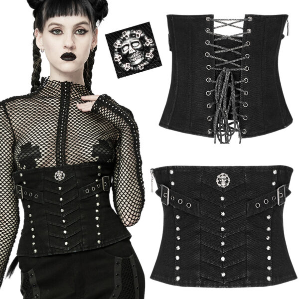 Corset sous-poitrine en jeans à clous et tête de mort Corset sous-poitrine en jeans à clous et tête de mort