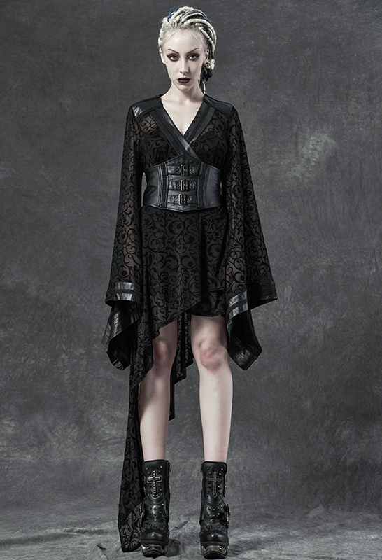 Veste robe kimono en dentelle avec Obi en cuir végan