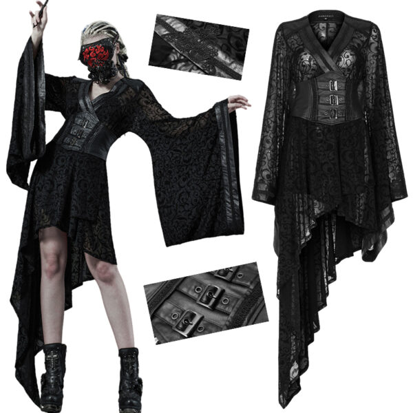 Veste robe kimono en dentelle avec Obi en cuir végan